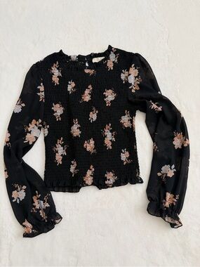 Hesperus Black Smocked Floral Long Sleeve Blouse Medium Boho Cottagecore